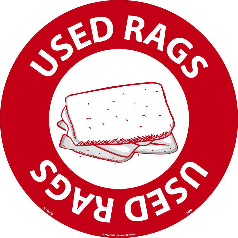 NMC - Adhesive Backed Floor Signs; Message Type: Restroom, Janitorial & Housekeeping ; Graphic Type: Rags ; Message or Graphic: Message & Graphic ; Legend: Used Rags ; Color: Red; White ; Special Color Properties: No Special Properties - Exact Industrial Supply