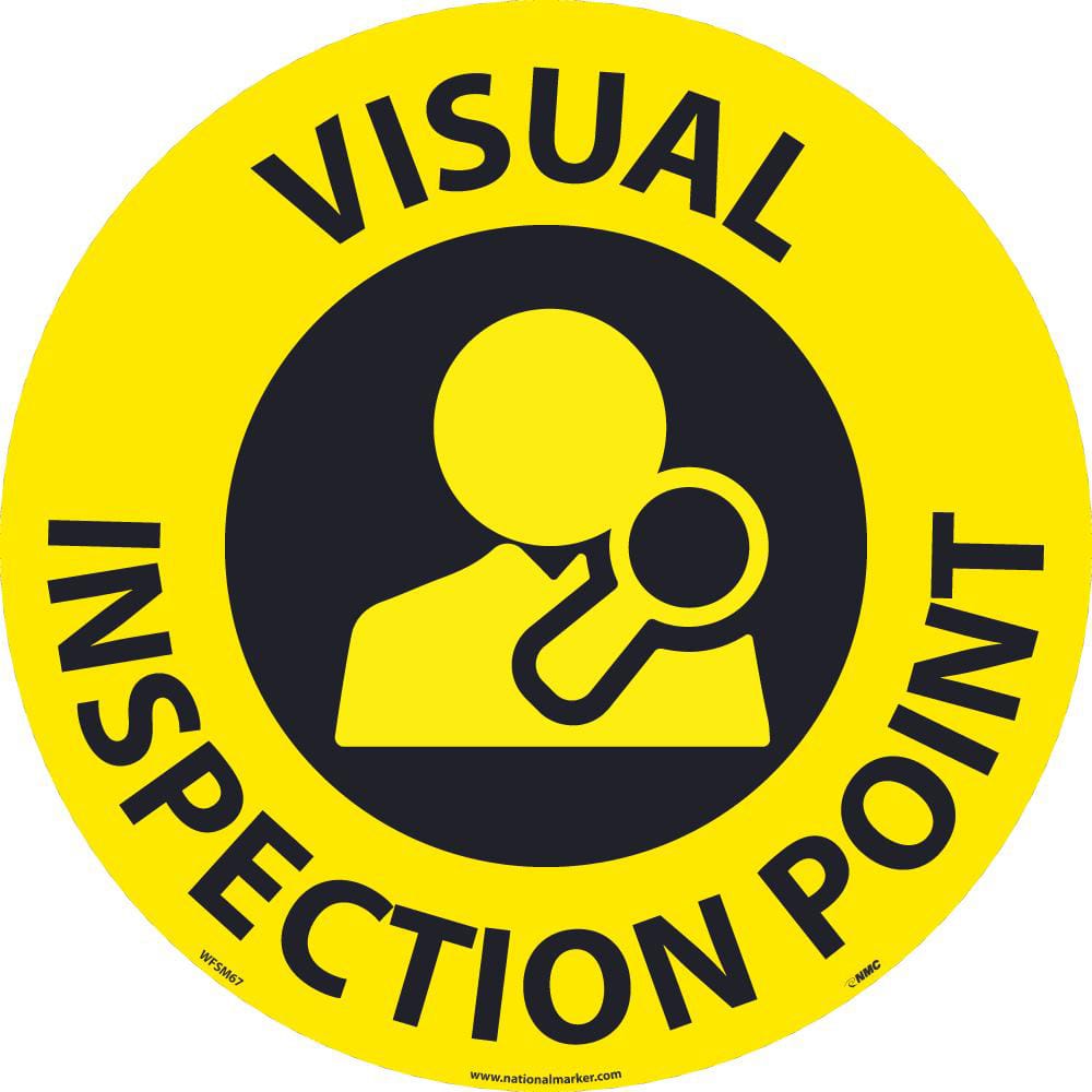 NMC - Adhesive Backed Floor Signs; Message Type: Restroom, Janitorial & Housekeeping ; Graphic Type: Man w/ Magnifying ; Message or Graphic: Message & Graphic ; Legend: Visual Inspection Point ; Color: Black; Yellow ; Special Color Properties: No Special - Exact Industrial Supply