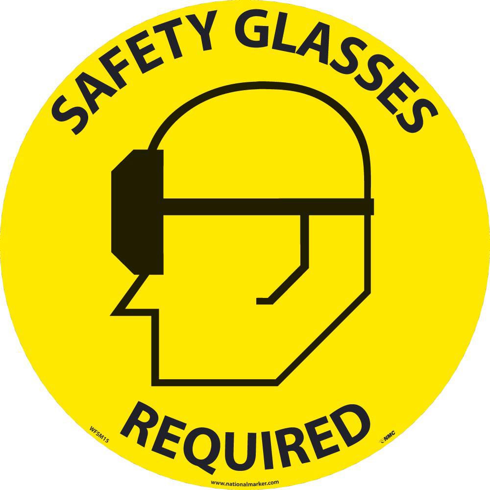 NMC - Adhesive Backed Floor Signs; Message Type: Accident Prevention ; Graphic Type: Head w/ Safety Glasses ; Message or Graphic: Message & Graphic ; Legend: Safety Glasses Required ; Color: Black; Yellow ; Special Color Properties: No Special Properties - Exact Industrial Supply