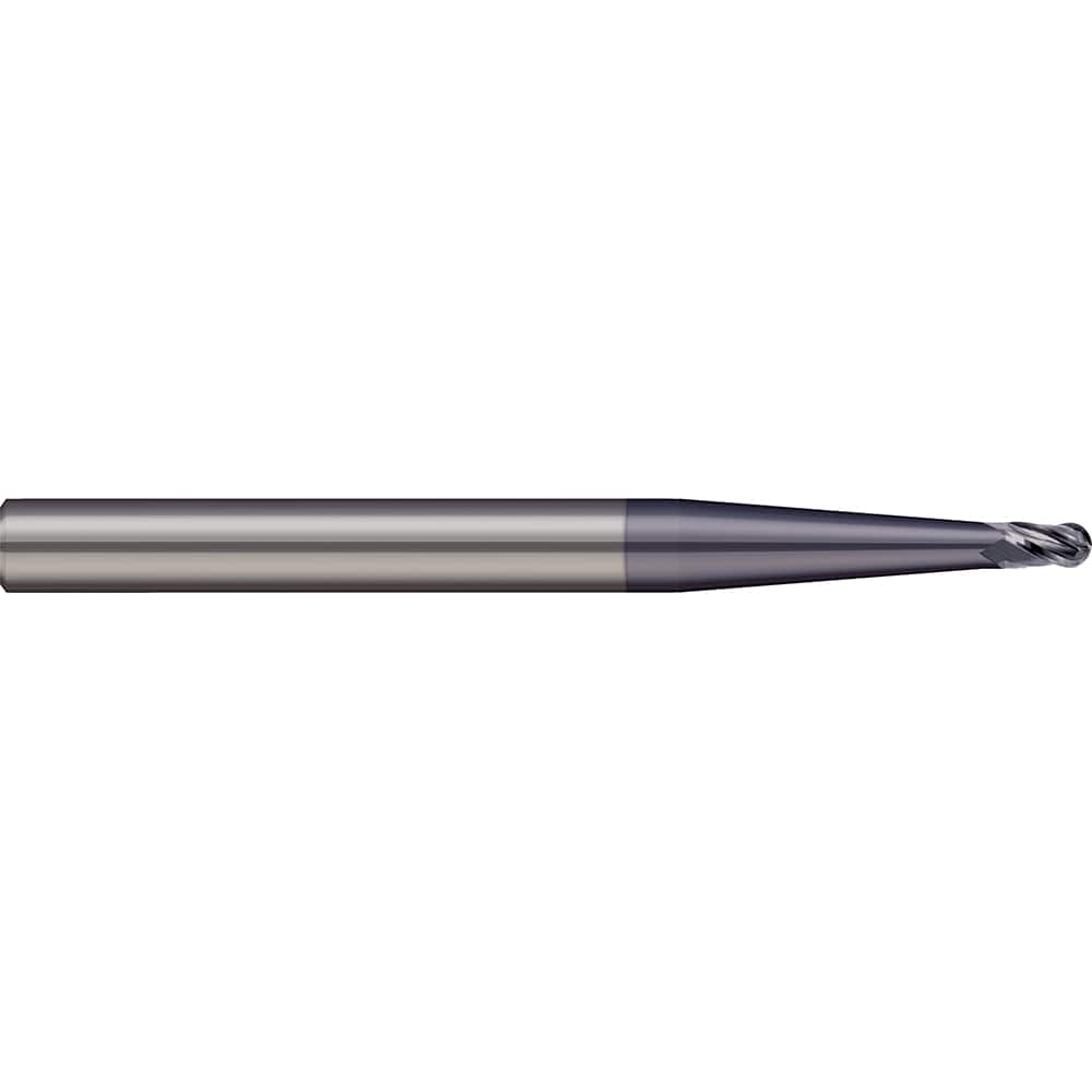 Ball End Mill: 0.033″ Dia, 0.099″ LOC, 2 Flute, Solid Carbide 1-1/2″ OAL, 1/8″ Shank Dia, 30 ° Helix, AlTiN Coated, Single End