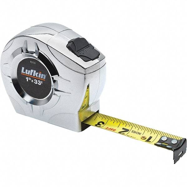 Lufkin - 33' x 1" Yellow Steel Blade Tape Measure - 1/16" & 1/10 & 1/100' Graduation, Inch Graduation Style, Chrome ABS Plastic Case - Caliber Tooling