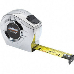 Lufkin - 33' x 1" Yellow Steel Blade Tape Measure - 1/16" & 1/10 & 1/100' Graduation, Inch Graduation Style, Chrome ABS Plastic Case - Caliber Tooling