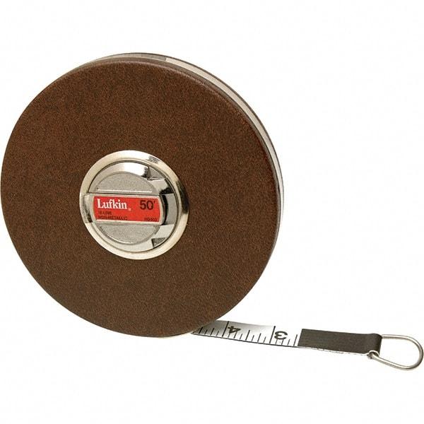 Lufkin - 100' x 5/8" White Fiberglass Blade Tape Measure - 1/10' Graduation, Inch Graduation Style, Brown Vinyl Clad Steel Case - Caliber Tooling