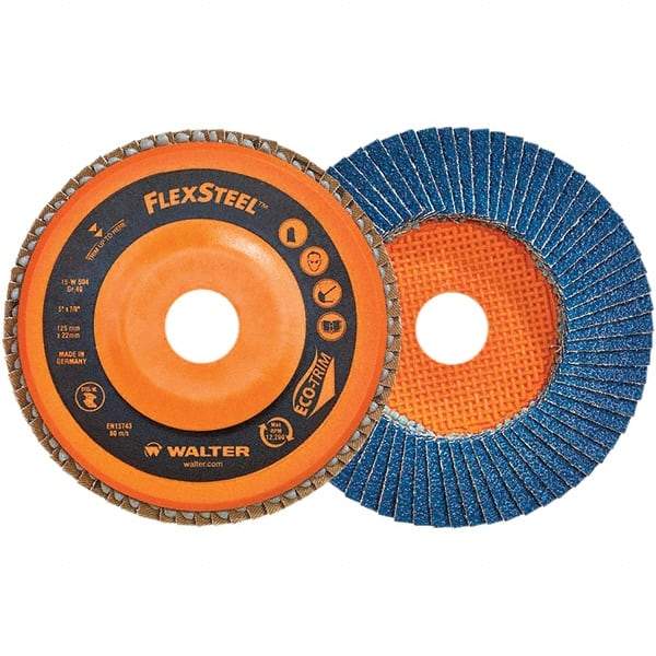 WALTER Surface Technologies - 40 Grit, 6" Disc Diam, 7/8" Center Hole, Type 27 Zirconia Alumina Flap Disc - 10,200 Max RPM, Poly Cotton Backing, Threaded Hole Attaching System, Coated - Caliber Tooling