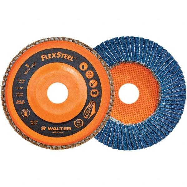 WALTER Surface Technologies - 80 Grit, 7" Disc Diam, 7/8" Center Hole, Type 27 Zirconia Alumina Flap Disc - 8,600 Max RPM, Poly Cotton Backing, Threaded Hole Attaching System, Coated - Caliber Tooling