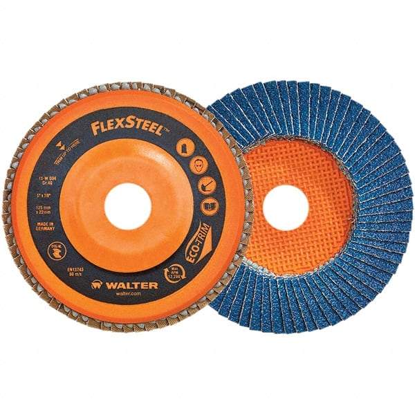 WALTER Surface Technologies - 80 Grit, 6" Disc Diam, 7/8" Center Hole, Type 27 Zirconia Alumina Flap Disc - 10,200 Max RPM, Poly Cotton Backing, Threaded Hole Attaching System, Coated - Caliber Tooling