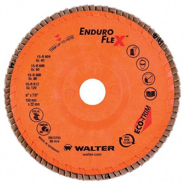 WALTER Surface Technologies - 60 Grit, 6" Disc Diam, 7/8" Center Hole, Type 27 Zirconia Alumina Flap Disc - 10,200 Max RPM, Poly Cotton Backing, Threaded Hole Attaching System, Coated - Caliber Tooling