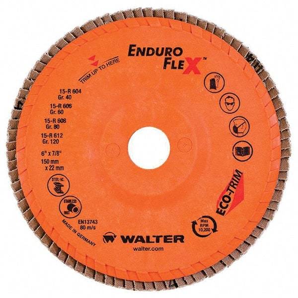 WALTER Surface Technologies - 80 Grit, 6" Disc Diam, 7/8" Center Hole, Type 27 Zirconia Alumina Flap Disc - 10,200 Max RPM, Poly Cotton Backing, Threaded Hole Attaching System, Coated - Caliber Tooling