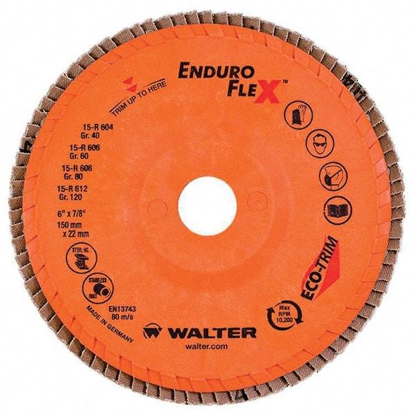 WALTER Surface Technologies - 40 Grit, 6" Disc Diam, 7/8" Center Hole, Type 27 Zirconia Alumina Flap Disc - 10,200 Max RPM, Poly Cotton Backing, Threaded Hole Attaching System, Coated - Caliber Tooling