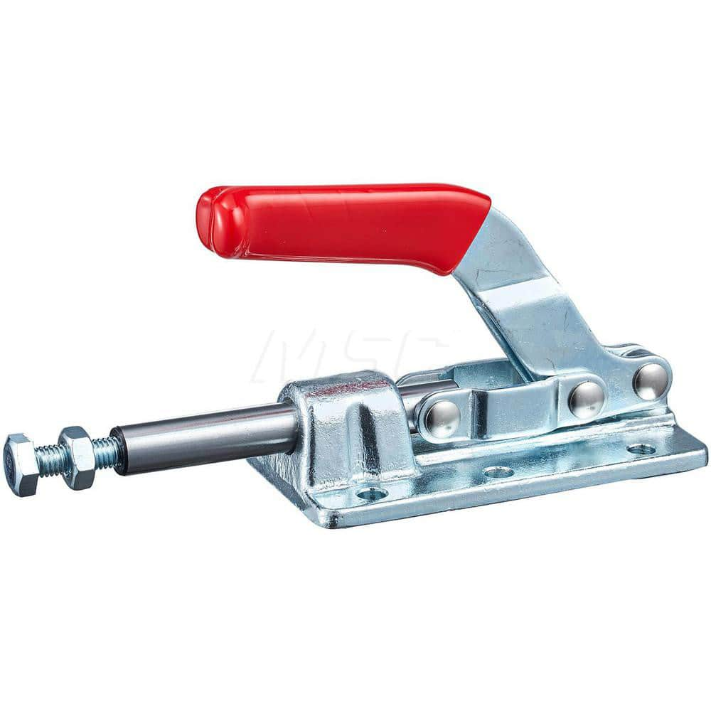 Standard Straight Line Action Clamp: 700 lb Load Capacity, 1.626″ Plunger Travel, Flanged Base, Steel 6 Mounting Hole, 0.28″ Hole, 0.5″ Plunger Dia, Straight Handle