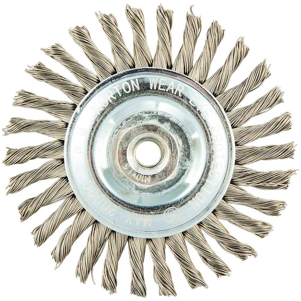 Norton - 4" OD, M10 Arbor Hole, Stringer Bead Twist Knot Stainless Steel Wheel Brush - Caliber Tooling