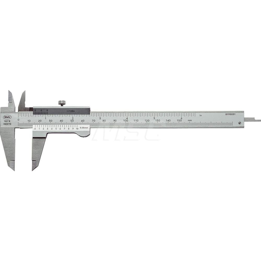 Mahr - Vernier Calipers; Minimum Measurement (mm): 0 ; Minimum Measurement (Decimal Inch): 0 ; Maximum Measurement (Decimal Inch): 6 ; Maximum Measurement (mm): 150 ; Graduation (mm): 0.05 ; Graduation (Inch): 1/128 - Exact Industrial Supply