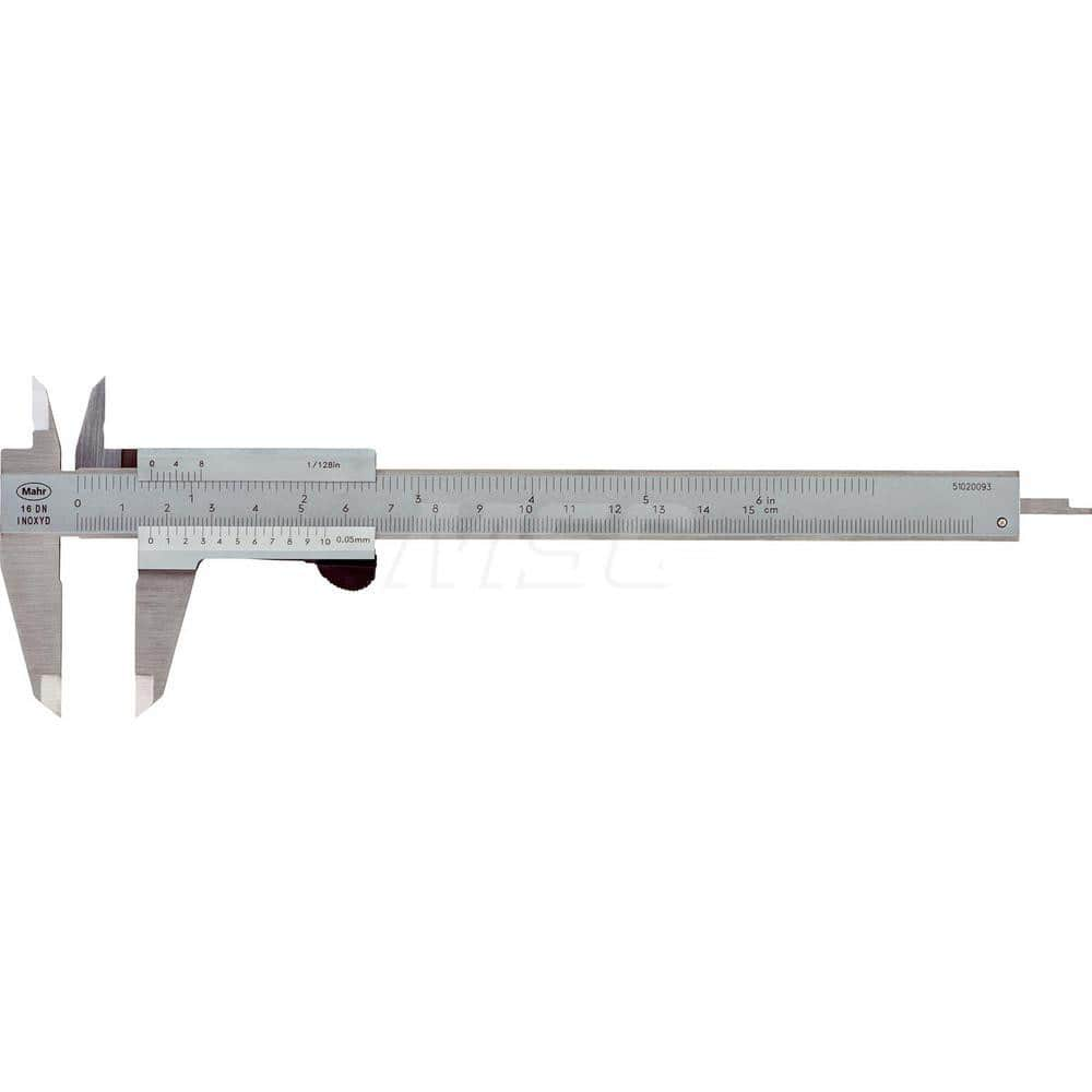 Mahr - Vernier Calipers; Minimum Measurement (mm): 0 ; Minimum Measurement (Decimal Inch): 0 ; Maximum Measurement (Decimal Inch): 6 ; Maximum Measurement (mm): 150 ; Graduation (mm): 0.05 ; Graduation (Inch): 1/128 - Exact Industrial Supply