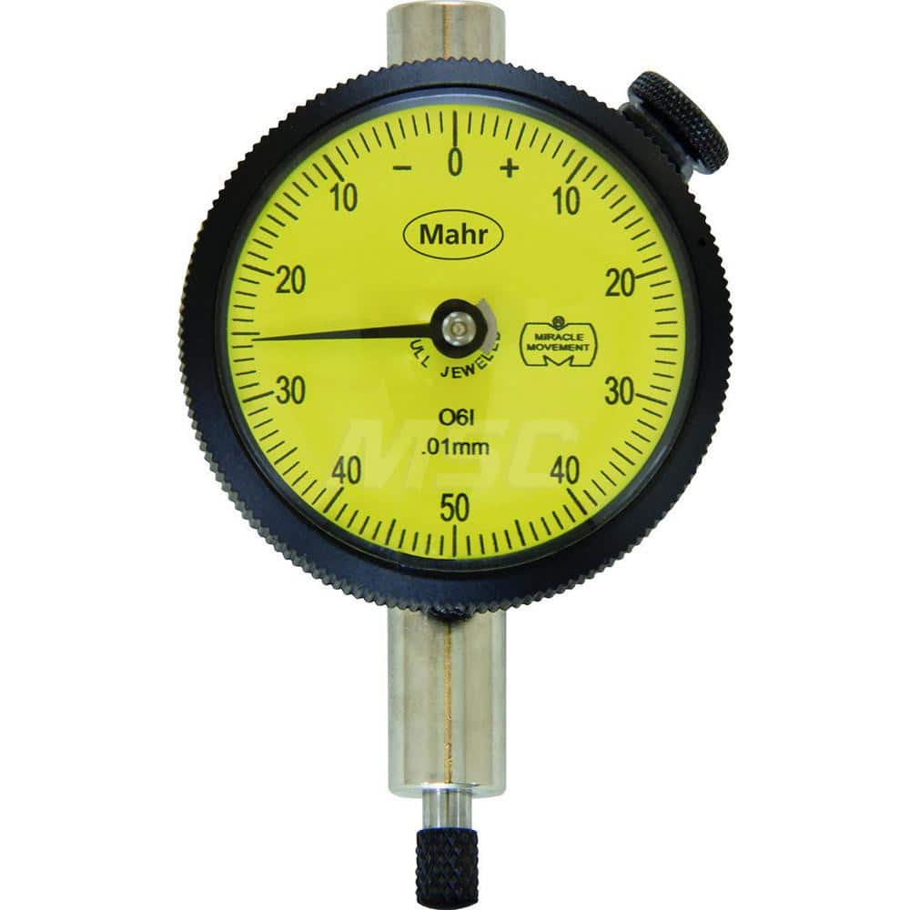 Mahr - Dial Drop Indicators; Maximum Measurement (Inch): 0.01 ; Maximum Measurement (mm): 1.25 ; Dial Graduation (mm): 0.0050 ; Dial Graduation (Decimal Inch): 0.000200 ; Dial Reading: 0-25-0 ; Dial Diameter (mm): 45.00 - Exact Industrial Supply