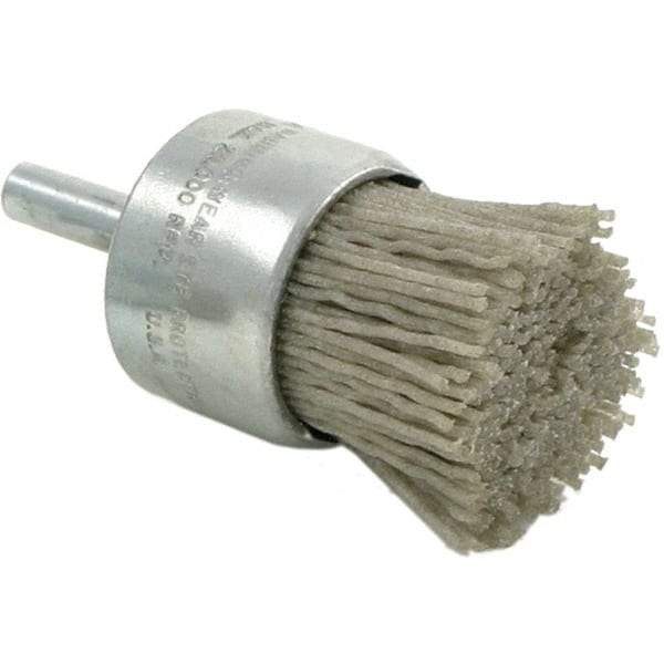 Brush Research Mfg. - 120 Grit, 1" Brush Diam, Crimped, End Brush - Medium Grade, 1/4" Diam Steel Shank, 20,000 Max RPM - Caliber Tooling