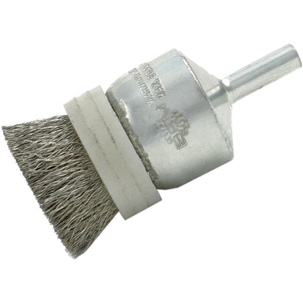 Brush Research Mfg. - 1/2" Brush Diam, Crimped, End Brush - 1/4" Diam Steel Shank, 20,000 Max RPM - Caliber Tooling