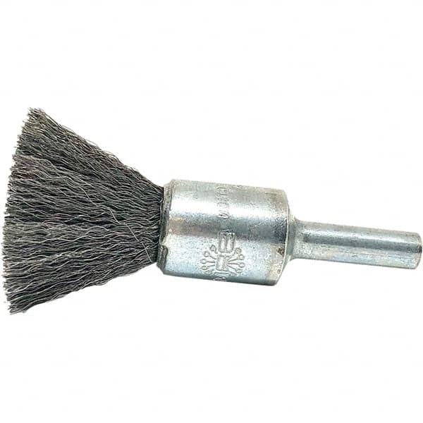 Brush Research Mfg. - 1/2" Brush Diam, Crimped, End Brush - 1/4" Diam Steel Shank, 20,000 Max RPM - Caliber Tooling