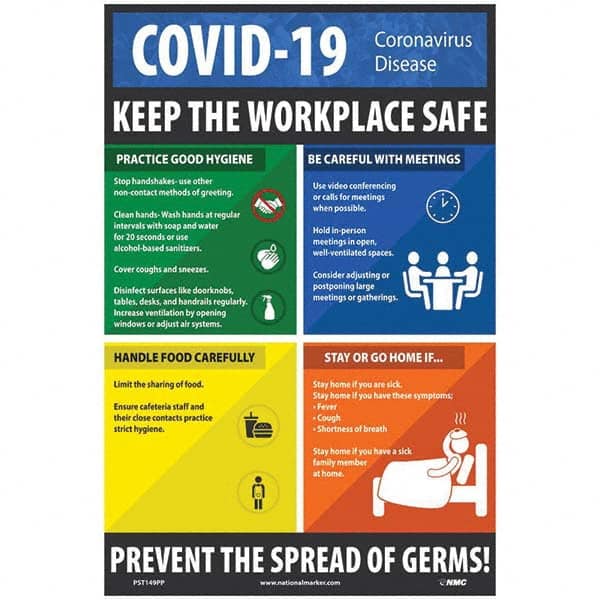 NMC - "COVID 19 - Keep the Workplace Safe", 12" Wide x 18" High, Paper Safety Sign - Caliber Tooling