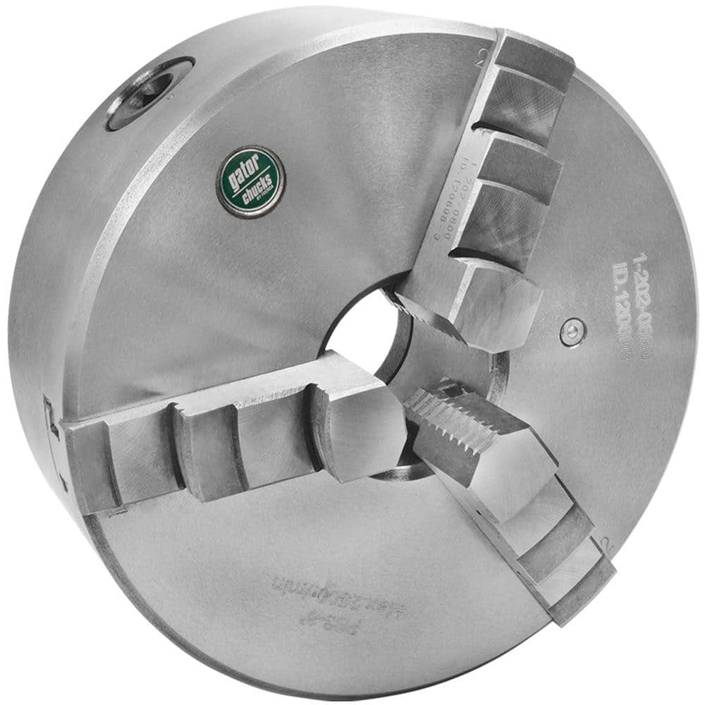 Self-Centering Manual Lathe Chuck: 3-Jaw,  10″ Dia Hard & Solid Jaws, Plain Back Mount, 2,000 Max RPM