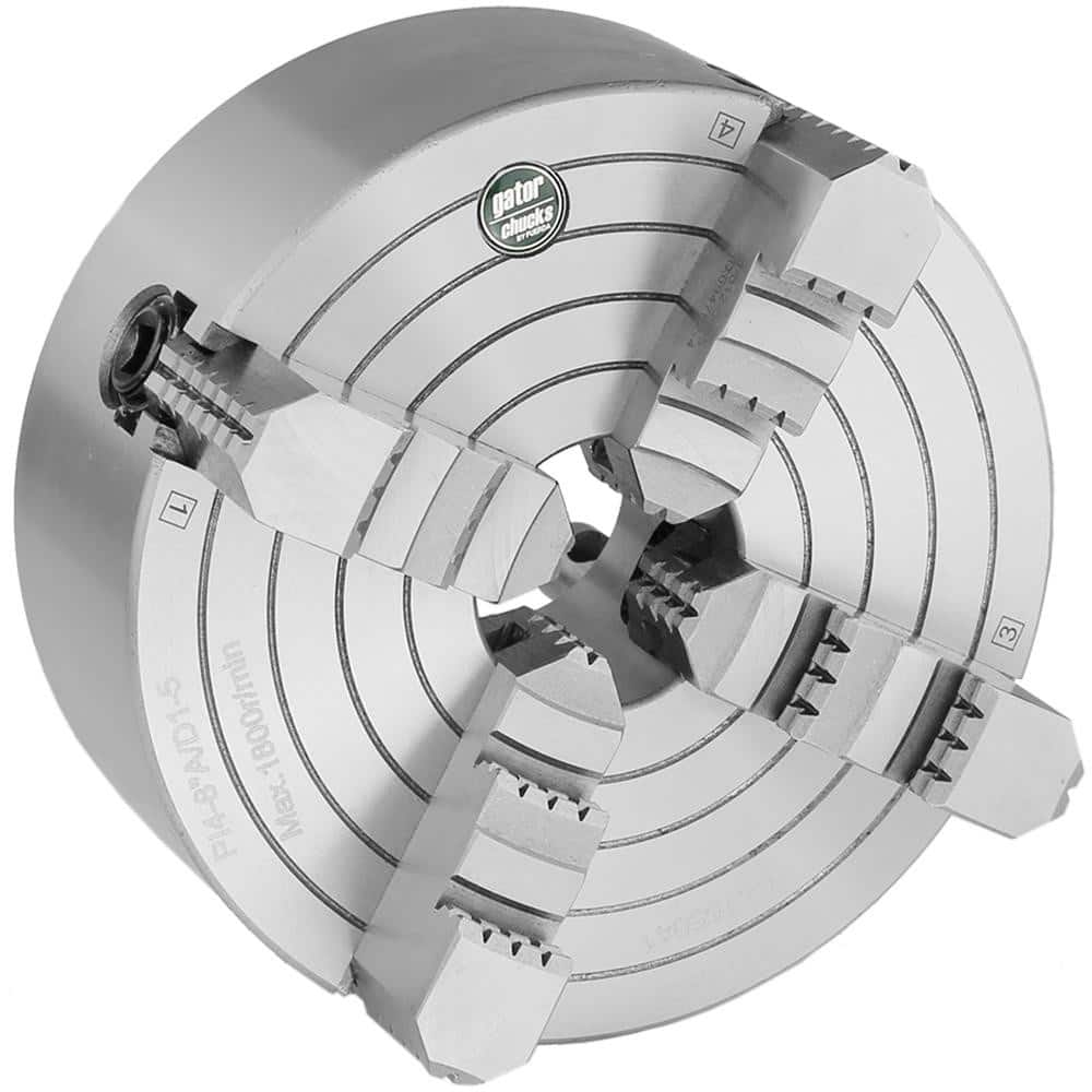 Independent Manual Lathe Chuck: 4-Jaw,  8″ Dia Hard & Solid Jaws, Direct & D1-4 Mount, 1,800 Max RPM