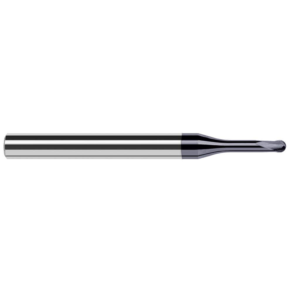 Ball End Mill: 0.047″ Dia, 0.038″ LOC, 2 Flute, Solid Carbide 2-1/2″ OAL, 1/4″ Shank Dia, 20 ° Helix, AlTiN Coated, Single End