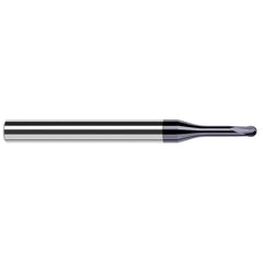 Ball End Mill: 0.031″ Dia, 0.025″ LOC, 2 Flute, Solid Carbide 2-1/2″ OAL, 1/4″ Shank Dia, 20 ° Helix, AlTiN Coated, Single End