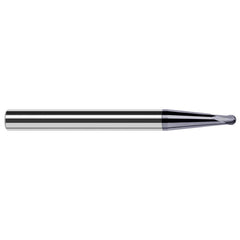 Ball End Mill: 0.025″ Dia, 0.02″ LOC, 2 Flute, Solid Carbide 2″ OAL, 3/16″ Shank Dia, 35 ° Helix, AlTiN Coated, Single End