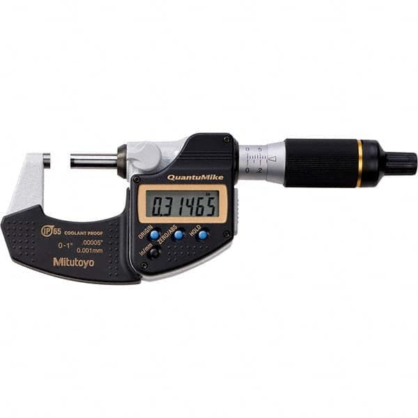 Electronic Outside Micrometer: 1″, Carbide Tipped Measuring Face, IP65  ±0.000050″Accuracy, Ratchet Stop Thimble