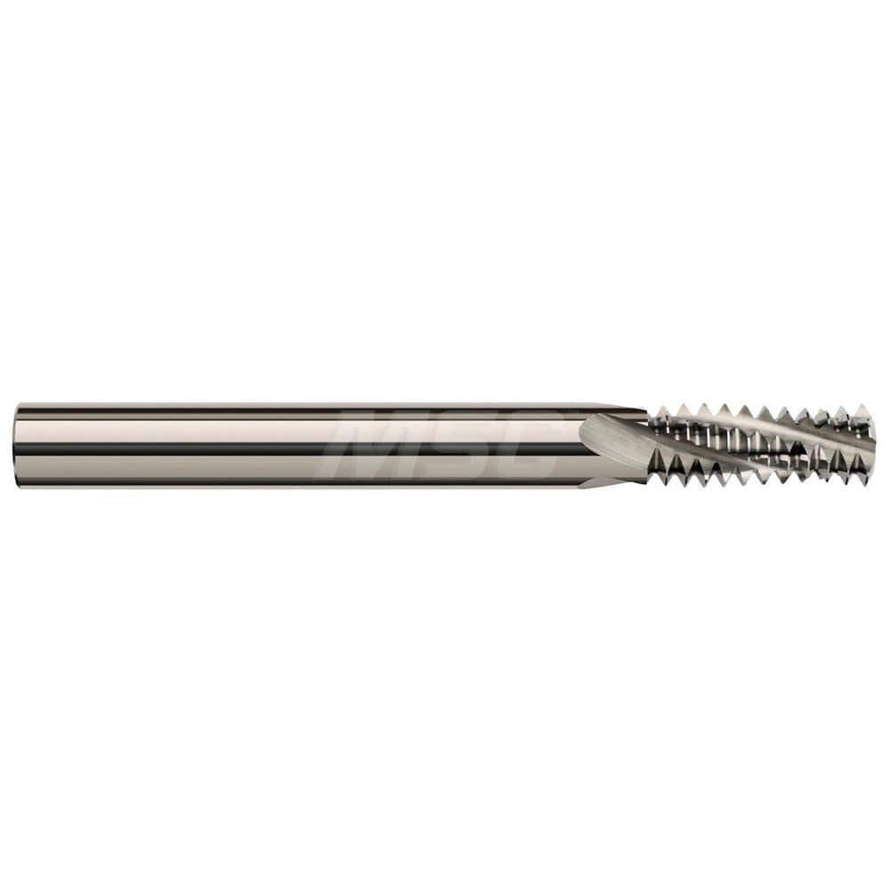 Helical Flute Thread Mill: 1/16-27 to 1/8-27, Internal & External, 3 Flute, 1/4″ Shank Dia, Solid Carbide 27 TPI, 0.245″ Cut Dia, 7/16″ LOC, 2-1/2″ OAL, Bright/Uncoated