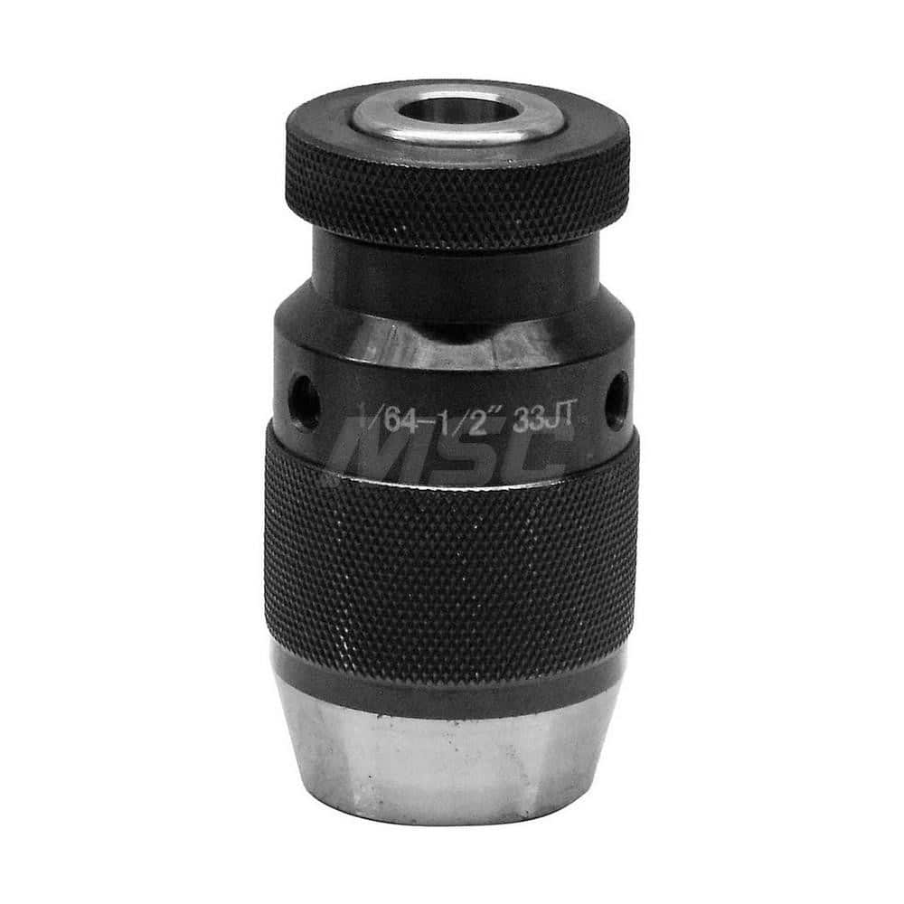 Drill Chuck: 1/64 to 1/2″ Capacity, Jacob Taper Mount, JT33 Keyless