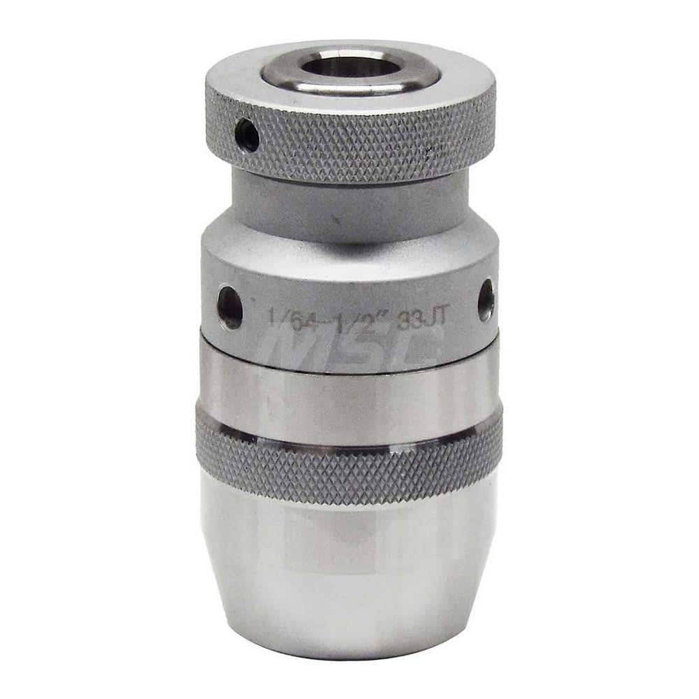 Drill Chuck: 1/64 to 1/2″ Capacity, Jacob Taper Mount, JT33 Keyless