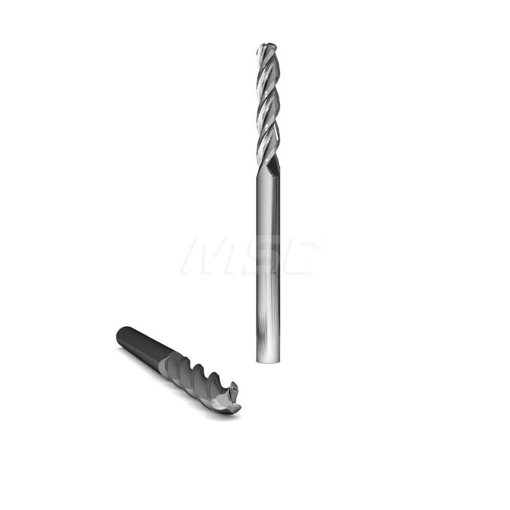 Ball End Mill: 0.3125″ Dia, 3 Flute, Solid Carbide 3″ OAL, 5/16″ Shank Dia, 37 ° Helix, Uncoated, Single End, Series 2045