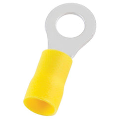 Circular Ring Terminal: Partially Insulated, 12 to 10 AWG, Crimp Connection 1.161″ Long, 0.472″ Wide, Copper Contact, Yellow