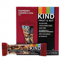 KIND - Snacks, Cookies, Candy & Gum Breakroom Accessory Type: Granola Bars Breakroom Accessory Description: Fruit and Nut Bars, Raspberry Cashew & Chia, 1.4 oz Bar, 12/Box - Caliber Tooling