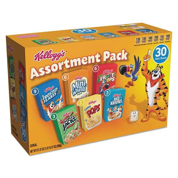 Kellogg's - Snacks, Cookies, Candy & Gum Breakroom Accessory Type: Cereal Breakroom Accessory Description: Breakfast Cereal Mini Boxes, Assorted, 2.39 oz Box, 30/Carton - Caliber Tooling