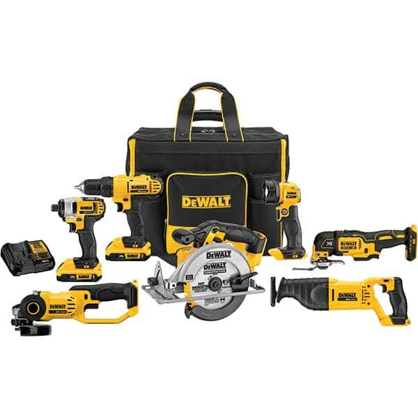 DeWALT - Cordless Tool Combination Kits Voltage: 20 Tools: 1/2" Drill/Driver; 1/4" Impact Driver; 6-1/2" Circular Saw; Work Light; Reciprocating Saw; Grinder; Blue Tooth Speaker - Caliber Tooling