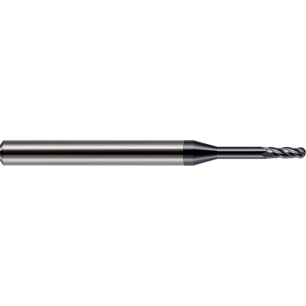 Ball End Mill: 0.09″ Dia, 0.27″ LOC, 4 Flute, Solid Carbide 1-1/2″ OAL, 1/8″ Shank Dia, 30 ° Helix, AlTiN Coated, Single End