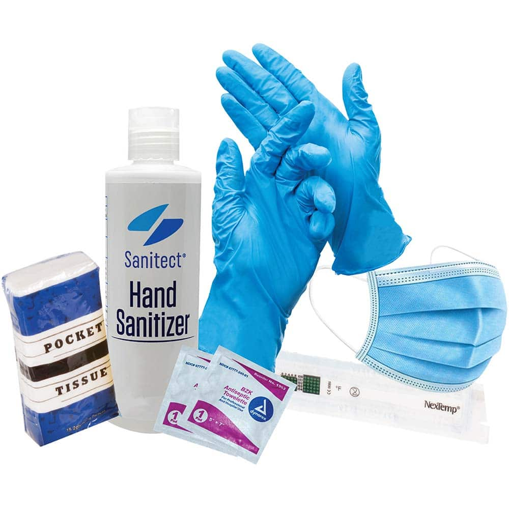 No Brand - Emergency Preparedness Kits Type: Back-to-Work Safety Kit Contents: (5) Ear Loop Masks; (5) Pair of Nitrile Gloves Size Large; Disposable Thermometer; Tissue Packet; 3.4oz Hand Sanitizer; (6) Antiseptic Towelettes - Caliber Tooling