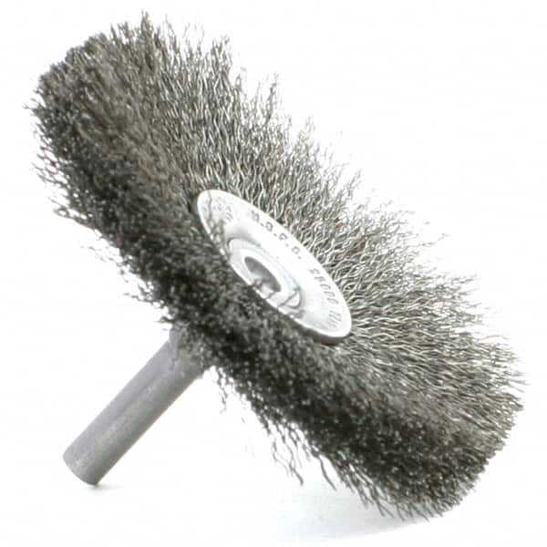 Brush Research Mfg. - 1-1/2" Brush Diam, Crimped, Flared End Brush - 1/4" Diam Steel Shank, 2,500 Max RPM - Caliber Tooling