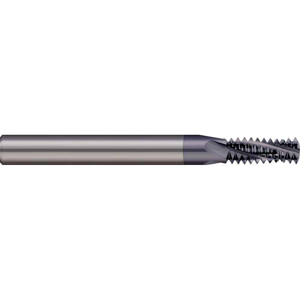 Helical Flute Thread Mill: 3/4-12, Internal & External, 4 Flute, 1/2″ Shank Dia, Solid Carbide 12 TPI, 0.495″ Cut Dia, 1-1/4″ LOC, 4″ OAL, AlTiN Coated