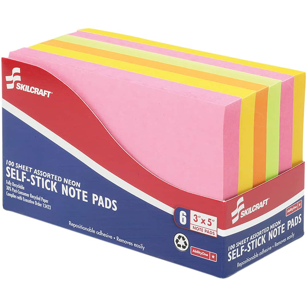 Ability One - Note Pads, Writing Pads & Notebooks; Writing Pads & Notebook Type: Self-Stick Notes ; Size: 3 x 5 ; Number of Sheets: 100 ; Color: Lime; Melon; Lemon; Pink - Exact Industrial Supply