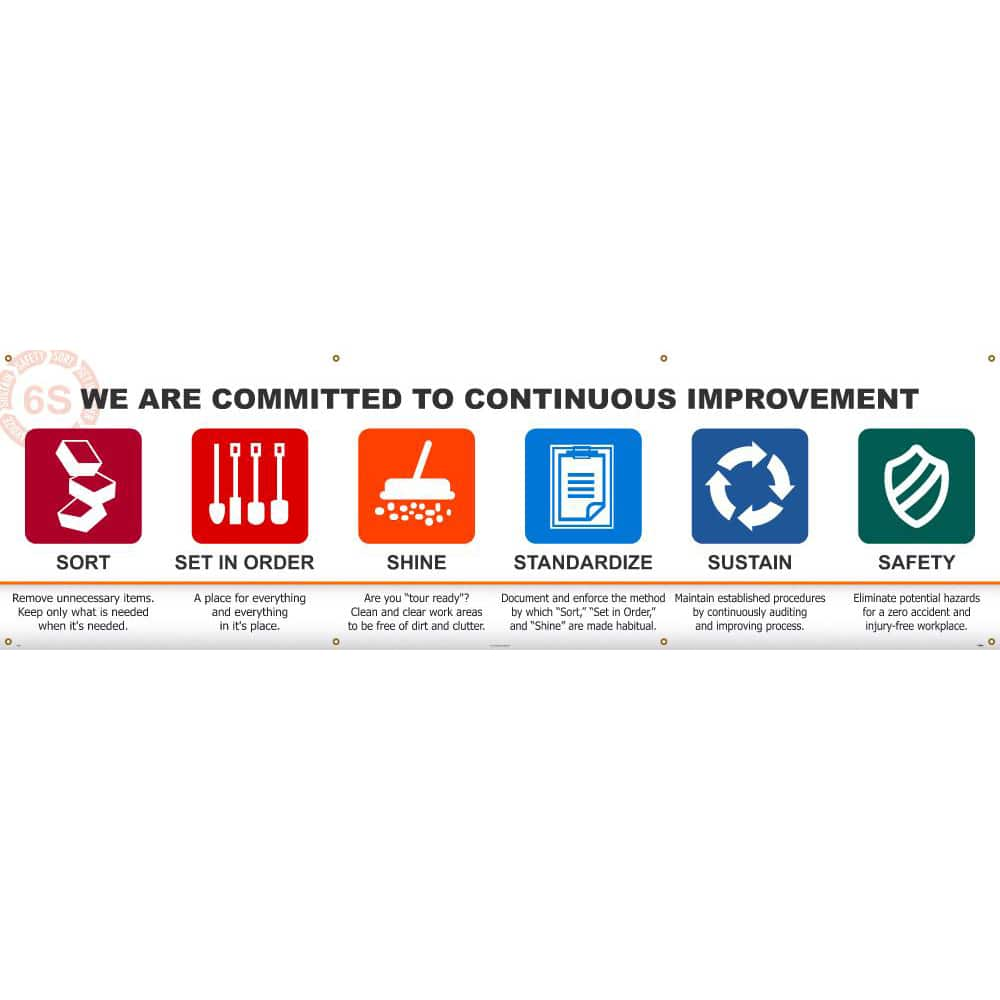 NMC - Banners; Message Type: Lean ; Legend: 6S WE ARE COMMITTED TO CONTINUOUS IMPROVEMENT SORT SET IN ORDER SHINE STANDARDIZE SUSTAIN SAFETY ; Graphic: 5s ; Material Type: Vinyl ; Language: English ; Length (Inch): 120 - Exact Industrial Supply