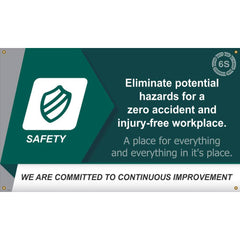 NMC - Banners; Message Type: Lean ; Legend: Eliminate Potential Hazards For A Zero Accident And Injury-Free Workplace ; Graphic: 5s ; Material Type: Vinyl ; Language: English ; Length (Inch): 60 - Exact Industrial Supply