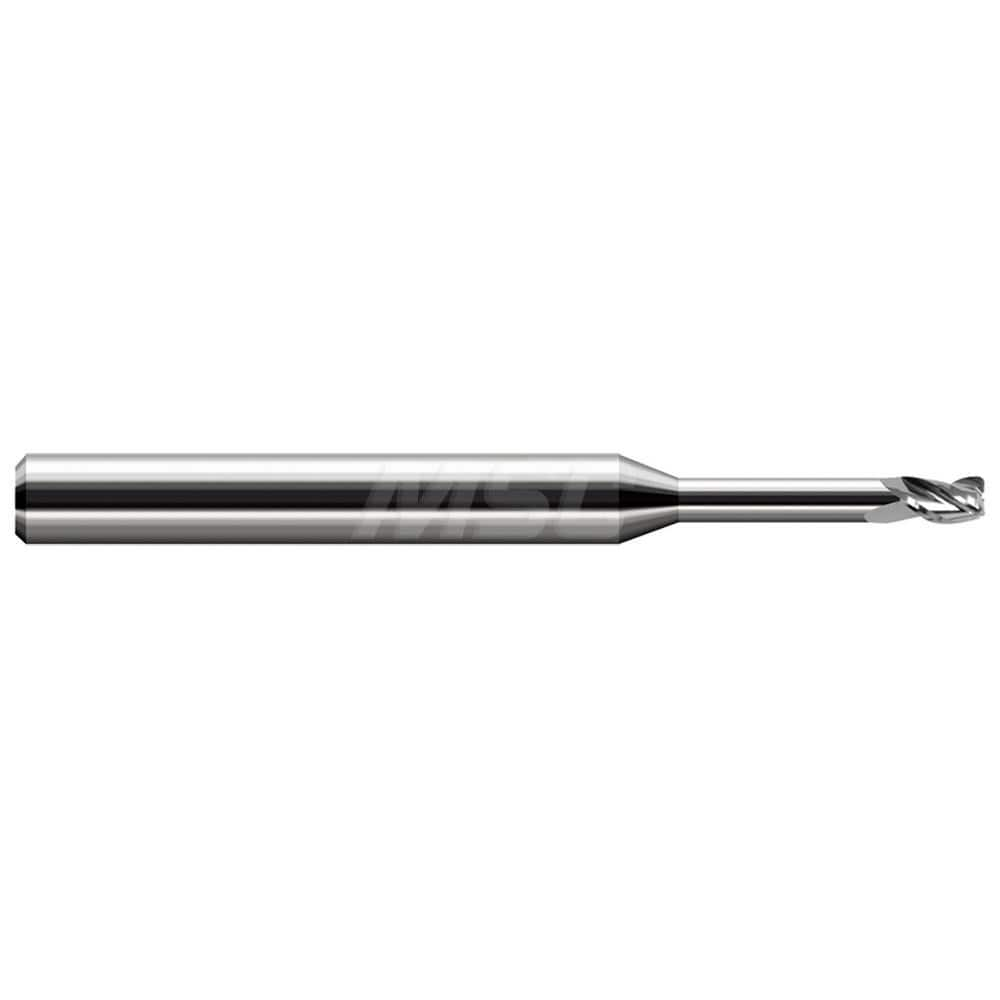 Corner Radius End Mill: 0.062″ Dia, 0.093″ LOC, 0.01″ Radius, 3 Flutes, Solid Carbide 2-1/2″ OAL, 1″ Shank Dia, Helix, Bright/Uncoated, Corner Radius End, Centercutting