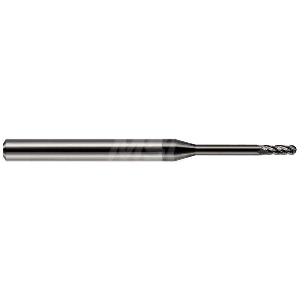 Ball End Mill: 0.031″ Dia, 0.093″ LOC, 4 Flute, Solid Carbide 1-1/2″ OAL, 1/8″ Shank Dia, 30 ° Helix, Amorphous Diamond Coated, Single End