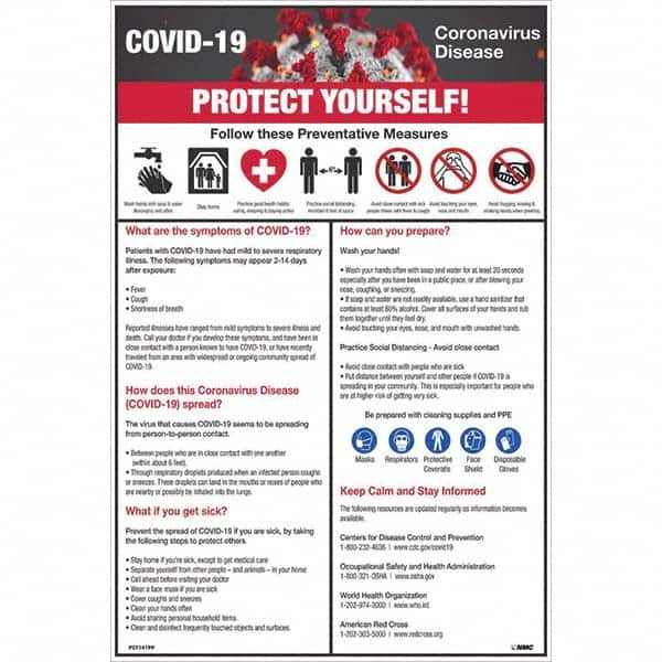 NMC - 1 5-Piece "COVID-19 - PROTECT YOURSELF!", 12" Wide x 18" High, Paper Safety Sign - Caliber Tooling