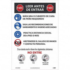 NMC - "COVID-19 - PARE - Leer Antes De Entrar", 12" Wide x 18" High, Paper Safety Sign - Caliber Tooling