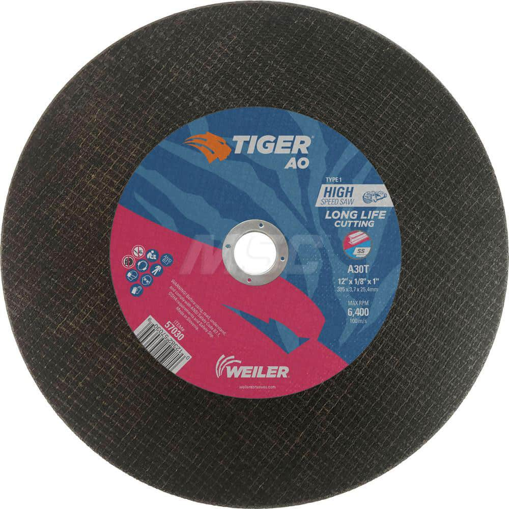 Cut-Off Wheel: Type 1, 12″ Dia, 1/8″ Thick, Aluminum Oxide Reinforced, 30 Grit, 6400 Max RPM, Use with Gas Powered Saws