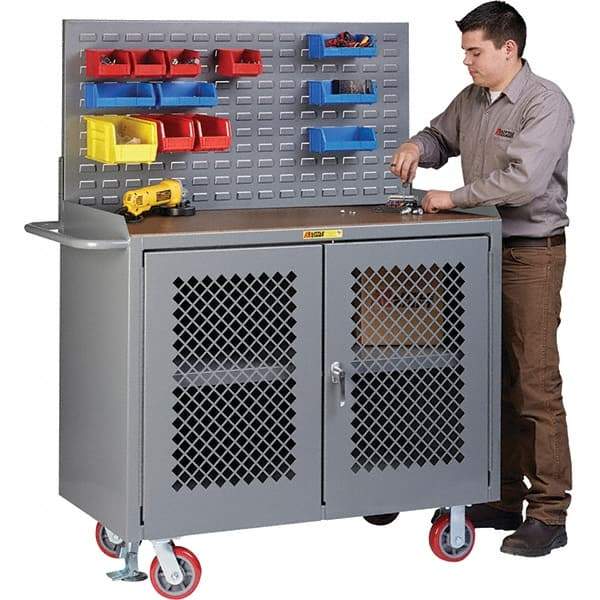 Little Giant - 3,600 Lb Capacity, 3 Shelf, 2 Door Mobile Bench Cabinet with Louvered Panel - 41" Wide x 24" Deep x 43" High, Steel, Gray - Caliber Tooling