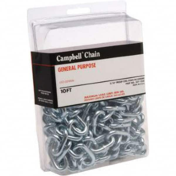 Campbell - Weldless Chain; Type: Straight Link Coil Chain ; Load Capacity (Lb.): 520 ; Trade Size: #2/0 ; Chain Diameter (Decimal Inch): 0.1400 ; Finish/Coating: Zinc Plated ; PSC Code: 4010 - Exact Industrial Supply